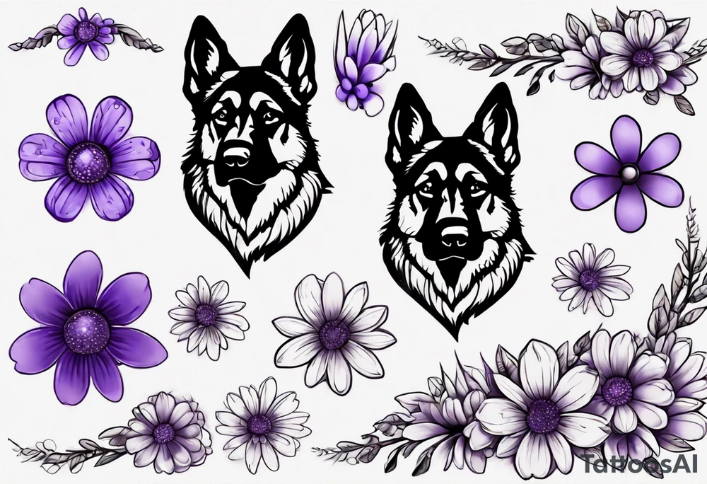 Dark brown German Shepherd with purple daisies tattoo idea