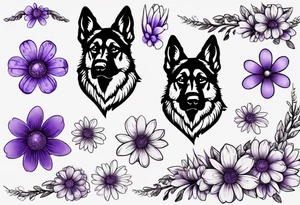 Dark brown German Shepherd with purple daisies tattoo idea