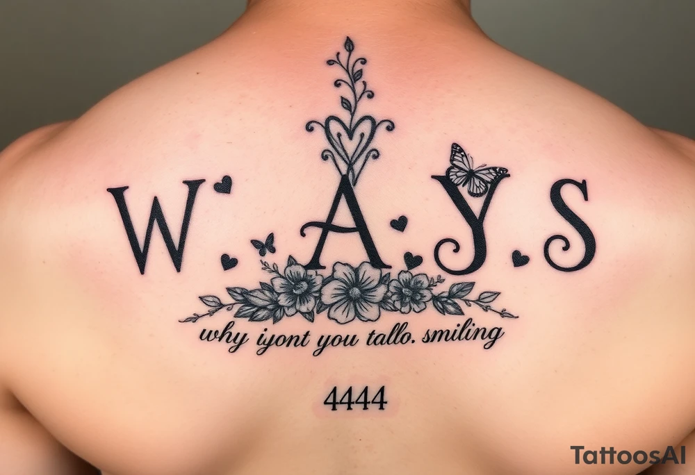 W.A.Y.S spelled out with why aren’t you smiling under neath it with flowers, butterflies and hearts with 444 tattoo idea