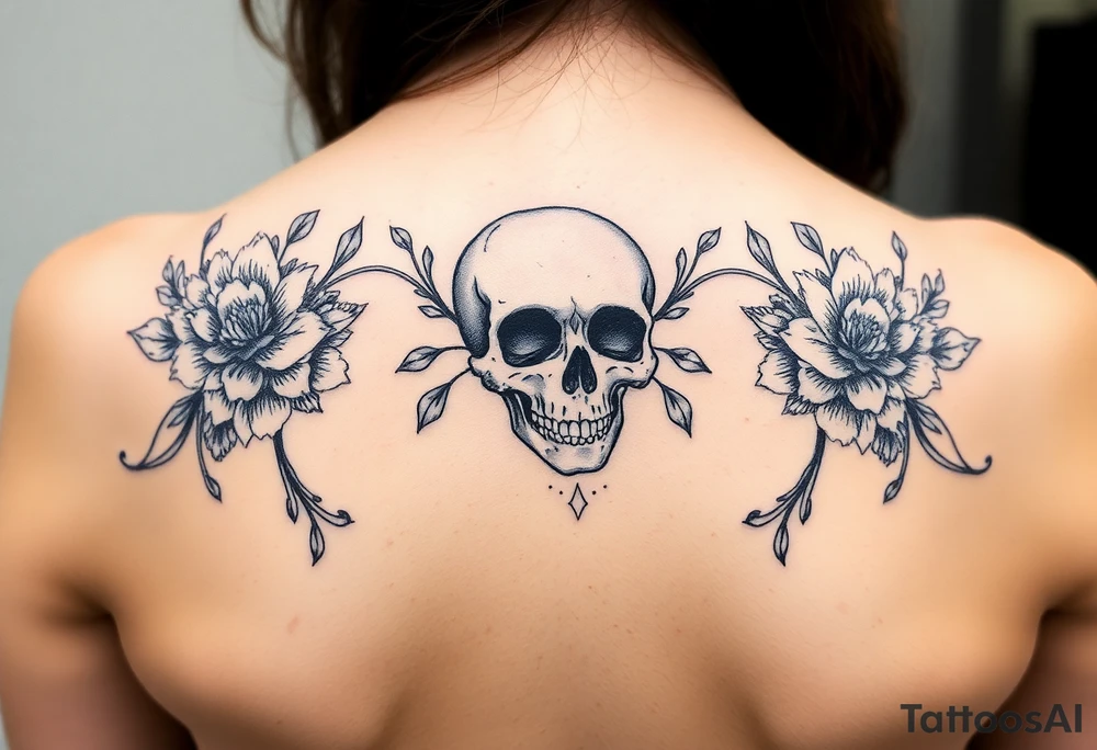 skull slightly facing left, surrounded by floral ornaments tattoo idea skull slightly facing left, surrounded by floral ornaments tattoo idea