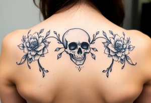skull slightly facing left, surrounded by floral ornaments tattoo idea