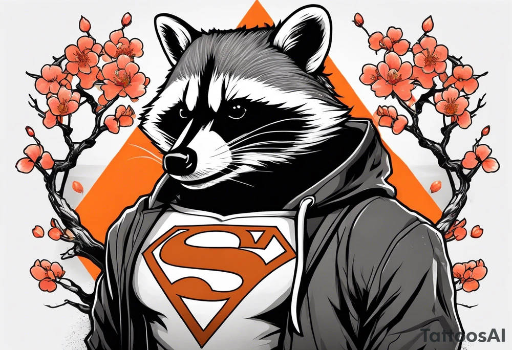 Raccoon wearing a white Superman logo on a black hoodie and orange Japanese cherry blossoms beside tattoo idea