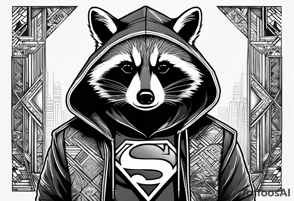 raccoon wearing a Superman hoodie tattoo idea