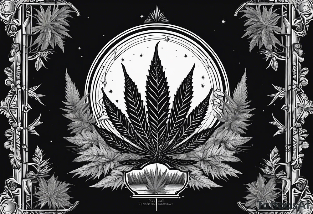 Minimal line art of cannabis plant from base to top with buds blooming. Around it are other plants like pothos leaves and mushrooms about to fruit. Incorporate the solar cycle and lunar cycle. Add crystals tattoo idea