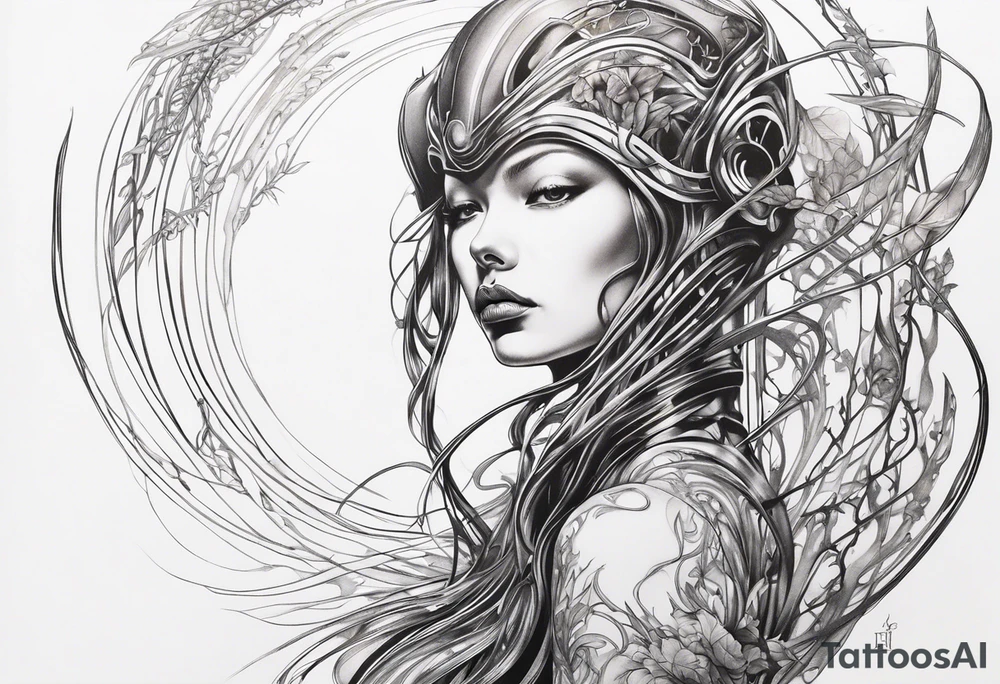Hajime Sorayama type blended with HR Giger alien woman with vines tattoo idea