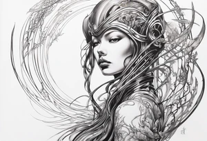 Hajime Sorayama type blended with HR Giger alien woman with vines tattoo idea