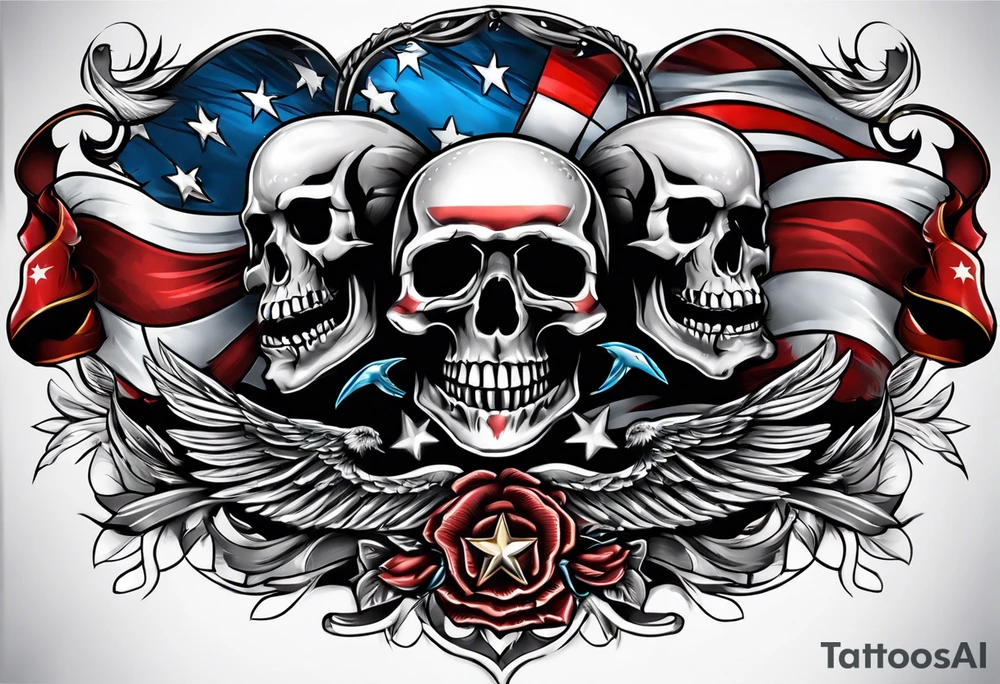 patriotic banner with skulls and birds tattoo idea