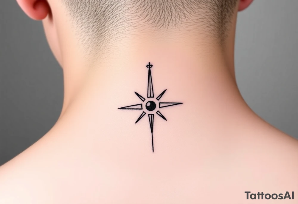 A minimalist crescent moon neck tattoo positioned just behind the ear. The crescent moon is thin and curves to the left. A sharp vertical line extends downward from the inner curve of the moon, intersecting with a symmetrical starburst shape at the center of the line. The starburst has four points — the top and bottom points are elongated, while the horizontal points are shorter, giving it a sleek and modern look. The design features clean, thin lines with a slightly hand-drawn feel, combining celestial and geometric elements. The tattoo follows the natural curve of the neck, giving it an elegant and balanced appearance. tattoo idea