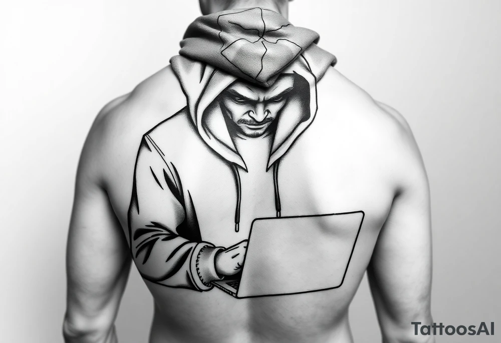 Create a Image of Guy in a hoodie with laptop, like hacking tattoo idea