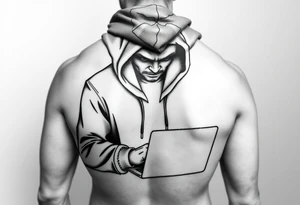 Create a Image of Guy in a hoodie with laptop, like hacking tattoo idea