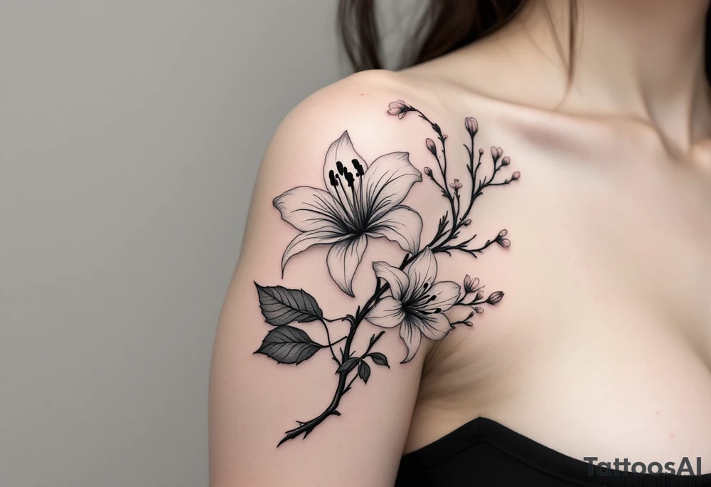 the flower spider lily from demon slayer and add cherry blossoms wrapped around upper arm tattoo idea