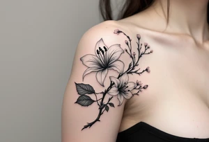 the flower spider lily from demon slayer and add cherry blossoms wrapped around upper arm tattoo idea