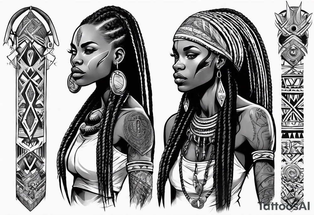 African female Viking  full body 
slim long face small mouth long braided hair tattoo idea
