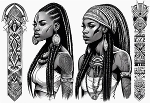 African female Viking  full body 
slim long face small mouth long braided hair tattoo idea