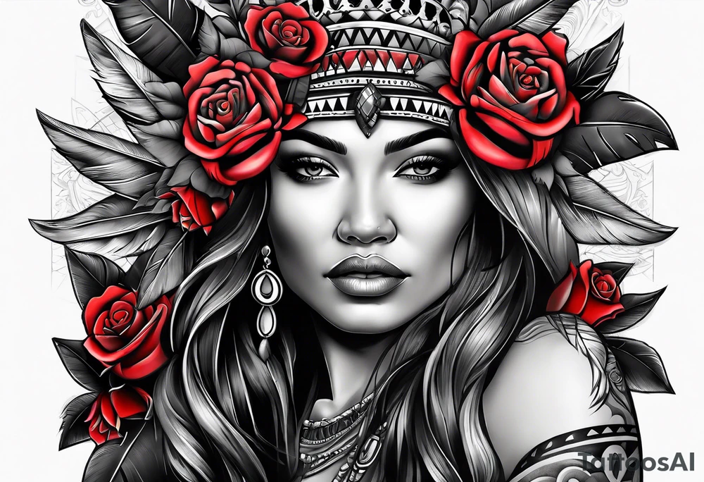 Apache woman with colored roses tattoo idea
