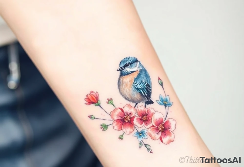 Puffy bluebird surrounded by wild flowers tattoo idea