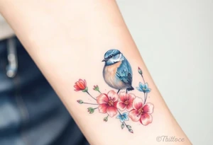 Puffy bluebird surrounded by wild flowers tattoo idea