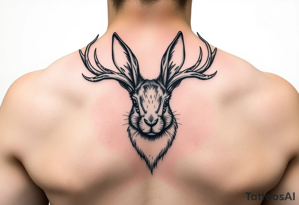 abstract jack rabbit with antlers coming out from its head, between the ears tattoo idea
