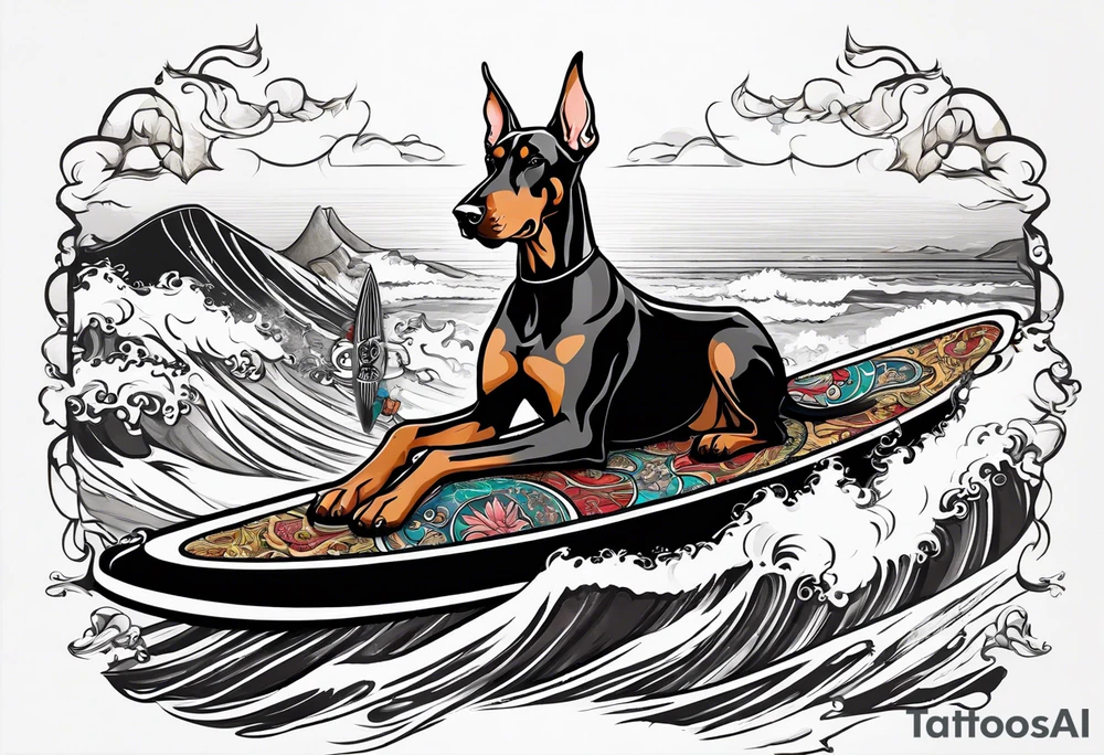 doberman smoking a cigar on a surfboard with a goat with larger horns tattoo idea