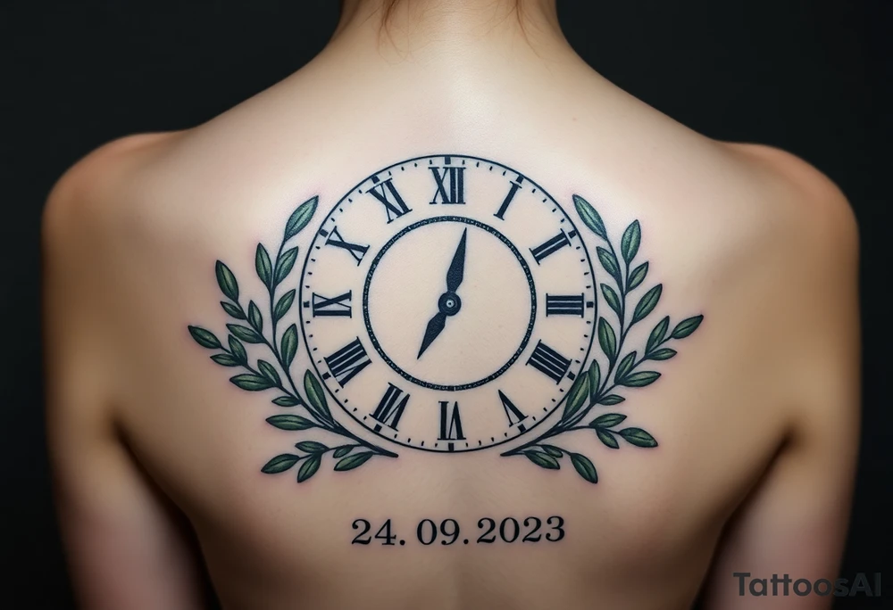 A Roman numeral clock surrounded by olive branches, with baby´s name "Erik" and birth date "24. 09. 2023 in muted green and gold tattoo idea