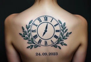 A Roman numeral clock surrounded by olive branches, with baby´s name "Erik" and birth date "24. 09. 2023 in muted green and gold tattoo idea