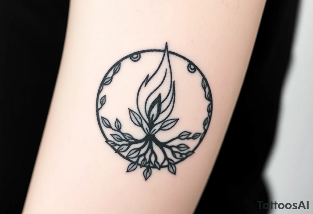 flame in a blooming roots circle tattoo idea