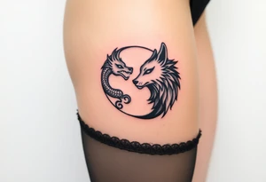Ying yang symbol with one side a dragon and one side a wolf tattoo idea