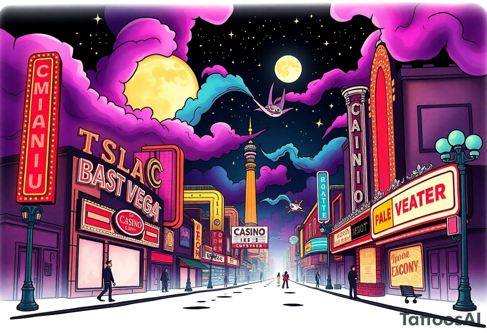 Tim Burton’s vegas casino on the strip from outside view is the street is littered with neon signs  and dripping with muted reds, dusty pinks, and eerie green glow purple and cyan smokey clouds swim through the moonlit night air as the stars twinkle tattoo idea tattoo idea