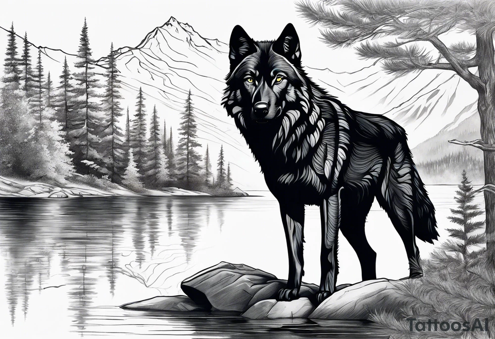 Create a tattoo of a black wolf with mountain/lake but different full selves tattoo idea