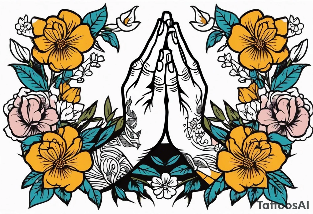 praying hands

old school vintage simple traditional design with vintage flowers surrounding
bold color simple tattoo idea