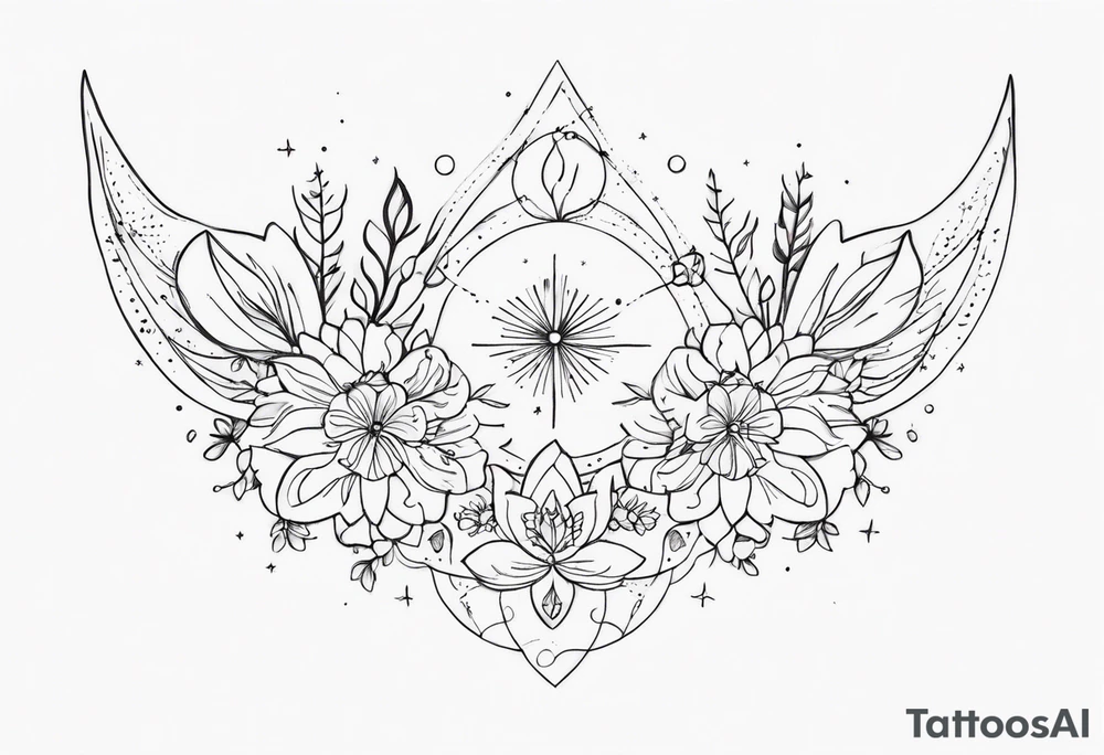 fine line with stars, floral, dots. Sternum tattoo tattoo idea
