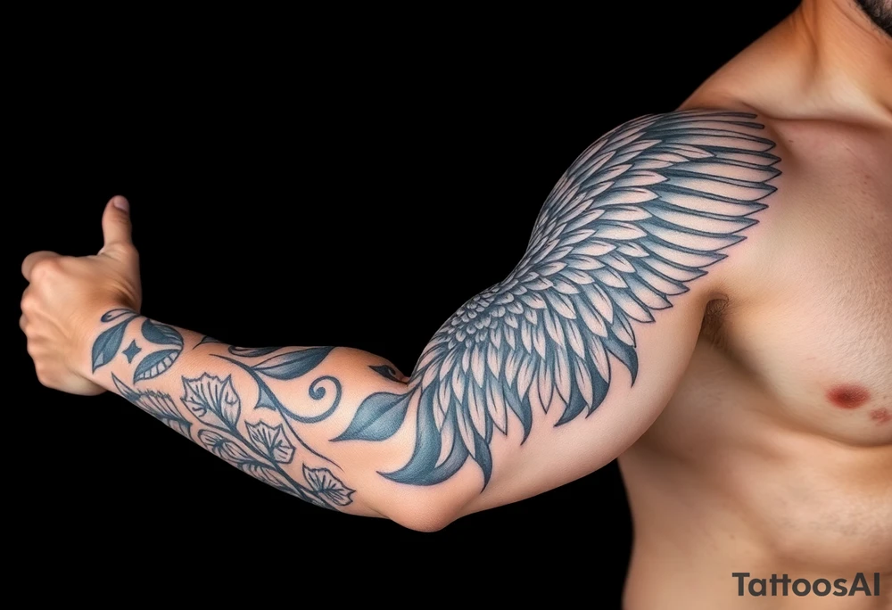 Full Sleeve tattoo including details of jungle leaves, , Puerto Rican/Taino/Filipino tribal patterns, angel wing tattoo idea