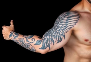 Full Sleeve tattoo including details of jungle leaves, , Puerto Rican/Taino/Filipino tribal patterns, angel wing tattoo idea