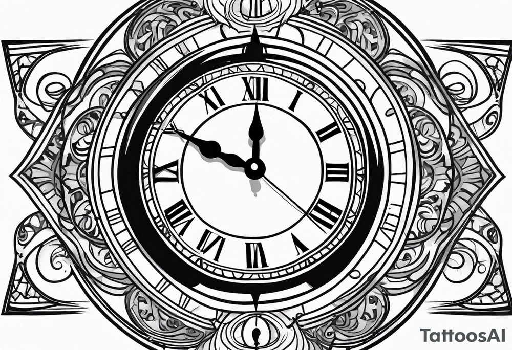 Draw me a tattoo located on the shoulder and upper arm of a man. The tattoo represents a clock in an hourglass with Roman numerals in the background. It is a symbol of the passing of time. tattoo idea