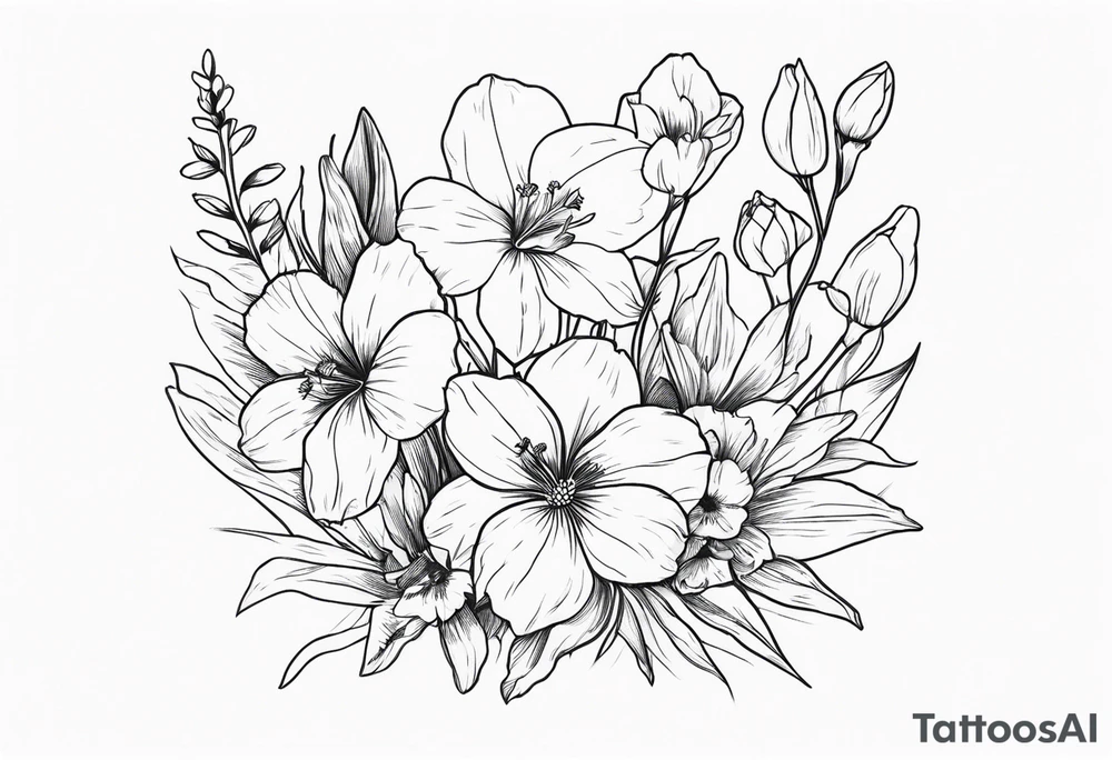 a minimalist style line art tattoo of a bouquet of violets, daffodils, gladiolus, and cosmos tattoo idea