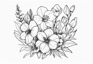 a minimalist style line art tattoo of a bouquet of violets, daffodils, gladiolus, and cosmos tattoo idea