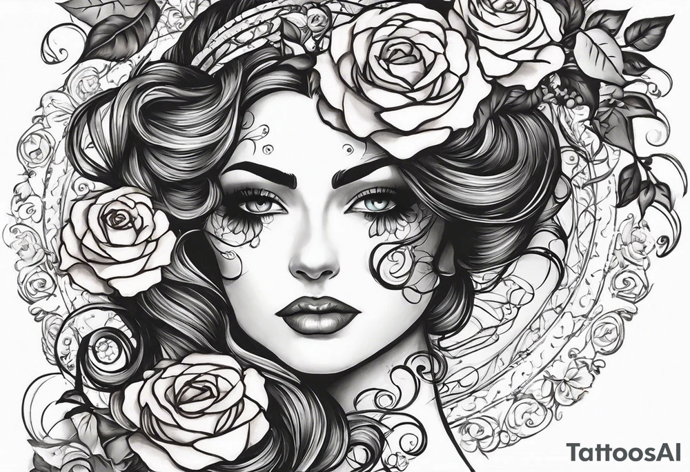 I want a left arm tattoo that starts halfway down upper arm and continuing about 3” past elbow. I want to use a pic of a face. I want the left half of person’s face to be a skeleton. I want long curls cascading from the head that wrap around elbow with roses with thorns intertwined in the curls. I would like a blood teardrop on the skeleton side of face. I would like a left hand with red polish on nails and a skeleton left hand with the pinky fingers of each hand to be interlaced. I can send a pic of the face. tattoo idea