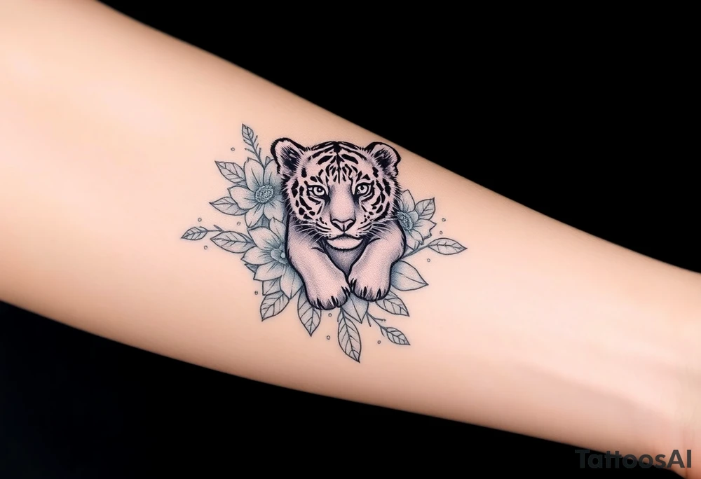 Floral tattoo with baby tiger in the flowers 🌺 tattoo idea