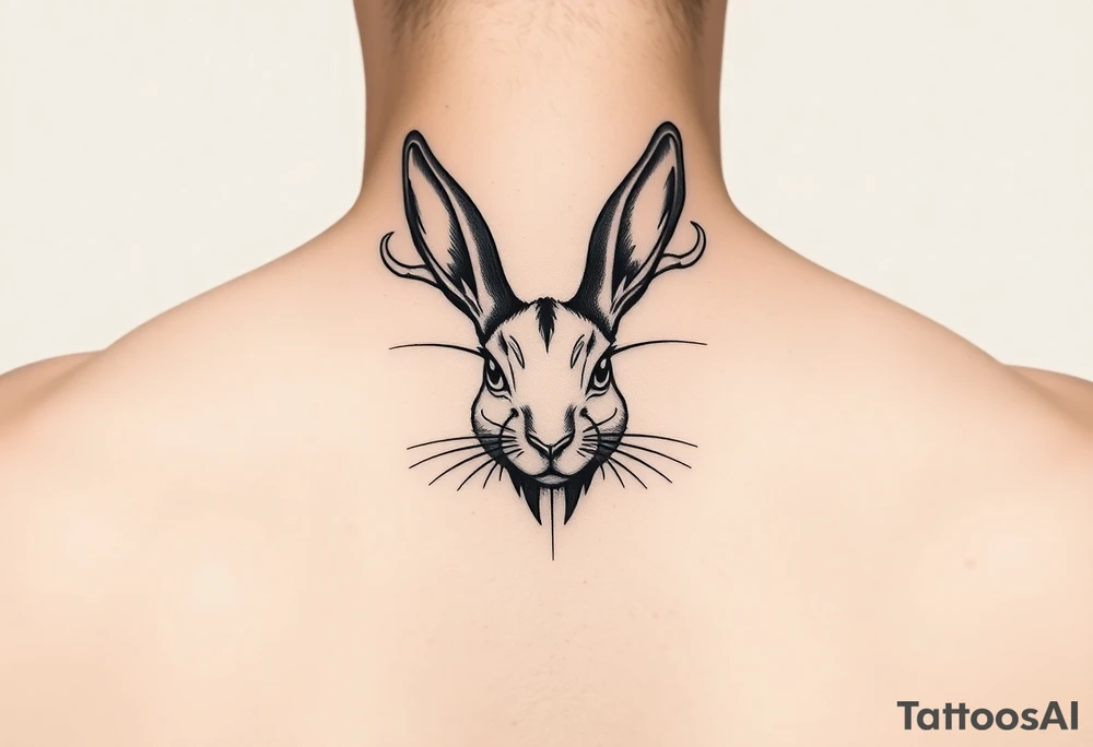 abstract jack rabbit with antlers coming out from its head, between the ears tattoo idea