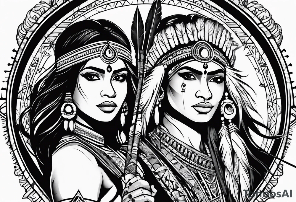 tribal indian couple with bow and arrow and spear tattoo idea