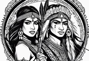 tribal indian couple with bow and arrow and spear tattoo idea