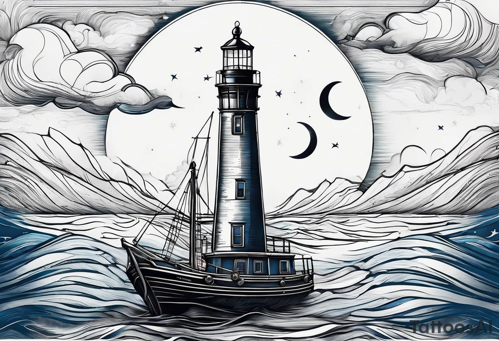 bateau, phare maritime et lune bleu tattoo idea