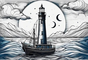 bateau, phare maritime et lune bleu tattoo idea