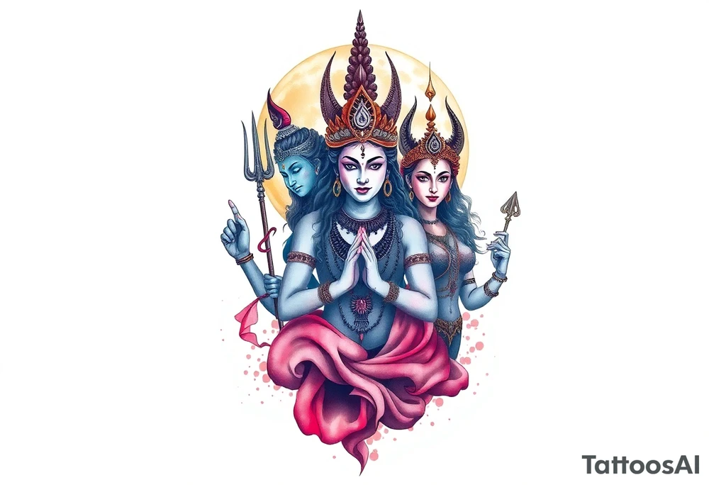 Lord Shiva, Godess Kali, Godess Lilith Together with the moon in the background tattoo idea