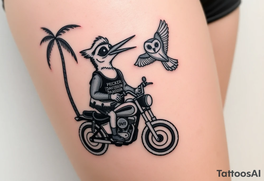 Woody the woodpecker wearing a leather vest that says peckerwoods, on a Harley Davidson under a palm tree, gazing in love at a barn owl tattoo idea