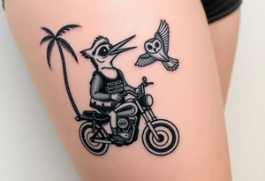 Woody the woodpecker wearing a leather vest that says peckerwoods, on a Harley Davidson under a palm tree, gazing in love at a barn owl tattoo idea