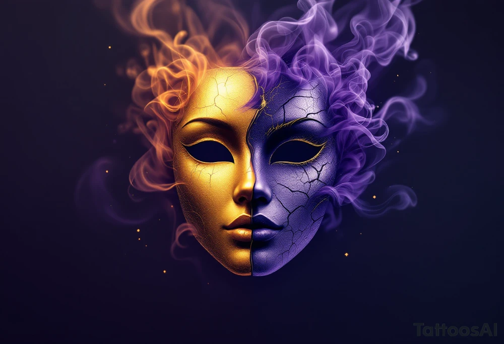 A split mask—one side is golden, smooth, and radiant, representing purity and wisdom, while the other is dark violet, cracked, and shadowed, exuding mystery and danger. The mask floats with swirling smoke around it, emphasizing the duality of good and evil. tattoo idea