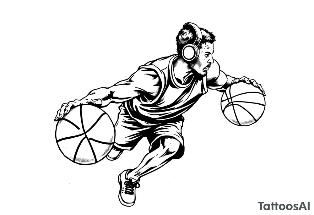 A guy dribbling a basketball with headphones on tattoo idea