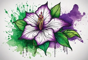 A mystical outline of a dipladenia flower and a green/purple watercolor splatter in the background to make the flower mainly green with purple highlights tattoo idea