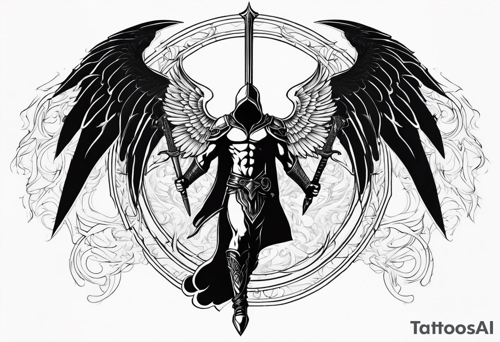 Arch angel hood fighting sword male full body heavenly tattoo idea